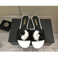 Best Grade Chanel Grosgrain Camellia Bloom Flat Slide Sandals White/Black 0321103