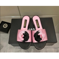 Top Grade Chanel Grosgrain Camellia Bloom Flat Slide Sandals Pink/Black 0321105