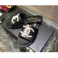 Low Cost Chanel Calfskin Pearl CC Flat Slide Sandals Black 032208