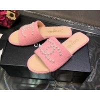 Fashion Chanel Tweed Pearl CC Flat Slide Sandals Pink 032209