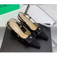 Pretty Style Chanel Silk Bow Slingback Pumps 6cm Black 032219