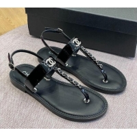 Shop Duplicate Chanel Patent Calfskin Flat Sandals G38221 Black