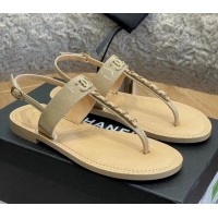 Good Quality Chanel Patent Calfskin Flat Sandals G38221 Beige