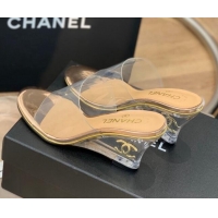 Stylish Chanel Transparent Wedge Slide Sandals Gold 032462