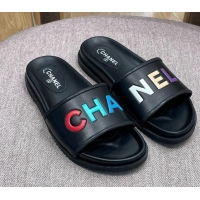 Pretty Style Chanel Lambskin Slide Sandals G38933 Black 2022