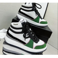 Top Design Chanel Fabric, Suede & Calfskin High top Sneakers G38804 White/Black/Green 032522