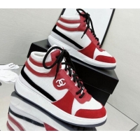 Top Grade Chanel Fabric, Suede & Calfskin High top Sneakers G38804 White/Red 032522