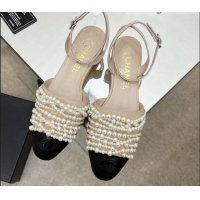 Good Quality Chanel Lambskin Pearl Bead Charm Sandals 2cm Beige 032527