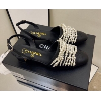 Discount Chanel Lambskin Pearl Bead Charm Medium Heel Sandals 5cm Black 032528