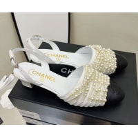 Low Price Chanel Lambskin Pearl Bead Charm Medium Heel Sandals 5cm White 032529