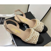 Top Grade Chanel Lambskin Pearl Bead Charm Medium Heel Sandals 5cm Beige 032530