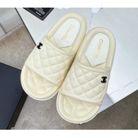 Good Quality Chanel Quilted Leather Foldover Flat Slide Sandals White 032532 