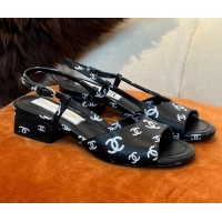 Discount Chanel CC Allover Printed Lambskin Low Heel Sandals 3.5cm G38976 Black 2022