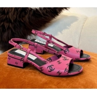 Cheapest Chanel CC Allover Printed Lambskin Low Heel Sandals 3.5cm G38976 Dark Pink