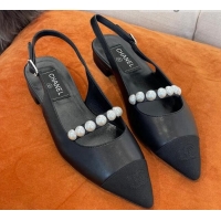 Stylish Chanel Lambskin Slingback Ballerinas with Pearls Black 2022 032672