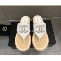 Good Quality Chanel Towel Flat Thong Slide Sandals White 041265