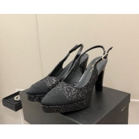 Good Quality Chanel Sequins Platform Slingback Pumps 9cm Black 041271