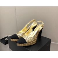 Stylish Chanel Sequins Platform Slingback Pumps 9cm Gold 041274