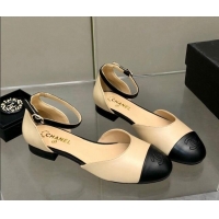 Most Popular Chanel Lambskin Mary Janes Flat Open Shoes G38959 Beige/Black 041276