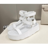 Discount Hermes Leather Band Platform Roman Sandals White 032243