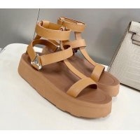 Perfect Hermes Leather Band Platform Roman Sandals Brown 032245