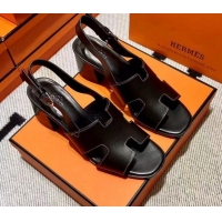 Top Grade Hermes Elbe Calfskin H Medium Heel Sandal 6cm Black 032557