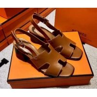 Discount Hermes Elbe Calfskin H Medium Heel Sandal 6cm Brown 032558