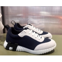 Best Price Hermes Bouncing Technical Canvas and Suede Sneakers White/Navy Blue 032563