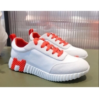 Classic Hot Hermes Bouncing Calfskin and Suede Sneakers White/Orange 032572