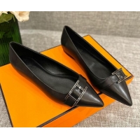 Good Looking Hermes Leather H Buckle Flat Ballet Black 032892