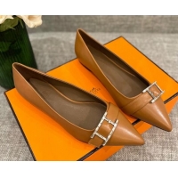 Grade Quality Hermes Leather H Buckle Flat Ballet Brown 032893