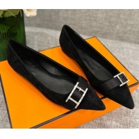 Pretty Style Hermes Suede H Buckle Flat Ballet Black 032894