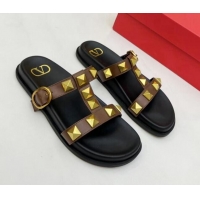 Hot Style Valentino Roman Stud Calf Leather Flat Slide Sandals Brown 0323141