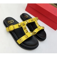 Low Cost Valentino Roman Stud Calf Leather Flat Slide Sandals Yellow 0323144