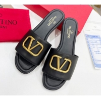 Crafted Valentino VLogo Calf Leather Flat Slide Sandals Black 0323148