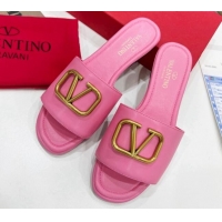 Luxury Valentino VLogo Calf Leather Flat Slide Sandals Pink 0323149