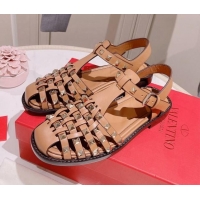 Perfect Valentino Rockstud Woven Calf Leather Flat Sandals Brown 0323152