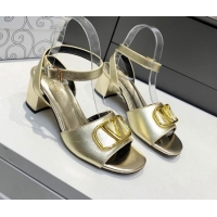 Sumptuous Valentino VLogo Grained Calfskin Heel Sandals 5cm Gold 032660