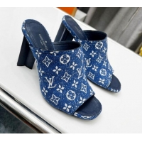 Grade Quality Louis Vuitton Silhouette Monogram Denim High Heel Slide Sandals 8cm Navy Blue 032316