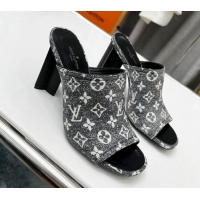 Good Product Louis Vuitton Silhouette Monogram Denim High Heel Slide Sandals 8cm Grey 032317