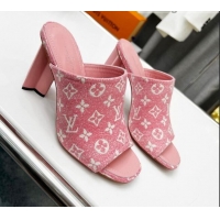 Trendy Design Louis Vuitton Silhouette Monogram Denim High Heel Slide Sandals 8cm Pink 032321