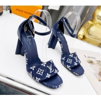 Best Price Louis Vuitton Silhouette Monogram Denim and Leather Sandals 8cm Navy Blue 032324