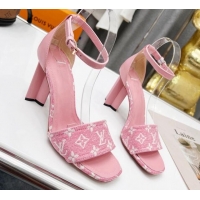 Grade Quality Louis Vuitton Silhouette Monogram Denim and Leather Sandals 8cm Pink 032331