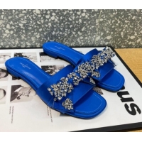 Top Grade Louis Vuitton Diva Satin Crystal Bow Flat Slide Sandals Blue 032348