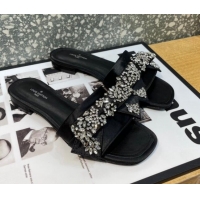 Stylish Louis Vuitton Diva Satin Crystal Bow Flat Slide Sandals Black 032349