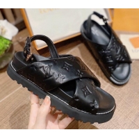 Good Quality Louis Vuitton Paseo Flat Comfort Crossover Monogram Leather Sandals Black 032351