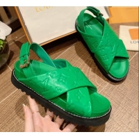 Hot Style Louis Vuitton Paseo Flat Comfort Crossover Monogram Leather Sandals Green 032354