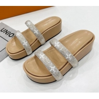 Good Looking Louis Vuitton Appeal Crystal Slender Straps Platform Slide Sandals Beige 032356