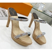 Stylish Louis Vuitton Appeal Crystal Slender Straps High Slide Sandals 10.5cm Beige 032360