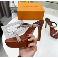 Good Quality Louis Vuitton Appeal Crystal Slender Straps High Slide Sandals 10.5cm Brown 032362